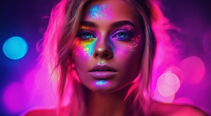 portrait of a woman with creative make up, pretty young woman UV Neon Pigment Makeup Fluorescent colors, dark background, UV makeup