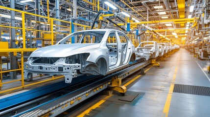 Automotive factory engineer at car assembly line with futuristic conveyor technology