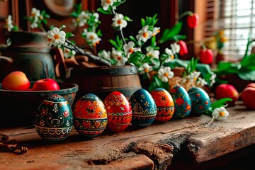 Close-up of Easter eggs lined up in a row on a damaged wooden board.