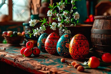 The interior of a country wooden kitchen with Easter decorations.
