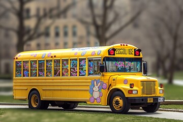 A cheerful yellow school bus, set against a blurred background of an urban park in spring, is festooned with vibrant Easter banners and streamers. The bus displays a joyful array of Easter eggs - obrazy, fototapety, plakaty
