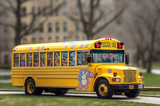 A cheerful yellow school bus, set against a blurred background of an urban park in spring, is festooned with vibrant Easter banners and streamers. The bus displays a joyful array of Easter eggs