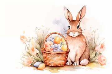 Easter bunny with a basket of colorful eggs, watercolor drawing. Easter card.