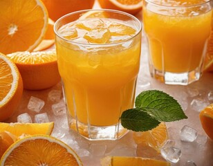 Orange juice in a glass. Sliced oranges. Ice in a glass.