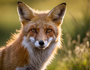 Wild fox among the grass. Close-up. Natural forest habitat with predatory animal.