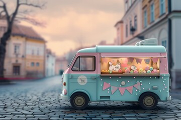 A compact, retro-style food truck, with a pastel pink and blue color scheme, is positioned against a blurred  quaint, cobblestone street. The truck is elegantly decorated with Easter-themed