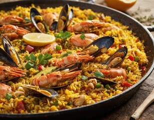 Traditional Spanish seafood paella in a frying pan. Close-up.