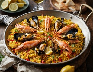 Traditional Spanish seafood paella in a frying pan. Close-up.