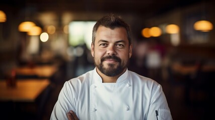 Fototapeta premium Smiling Chef in Embroidered Hat and Jacket