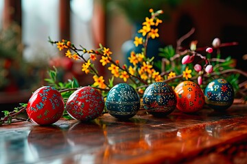 Coloured Easter eggs lying on a table in a row.