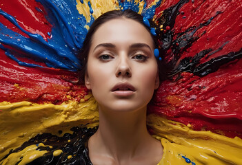 Faces of surreal colors with splashes of yellow, red, white, blue and black.	