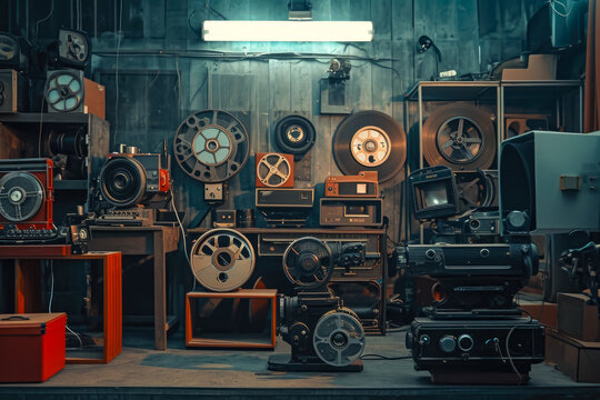 retro and nostalgic background with old film reels and vintage cameras