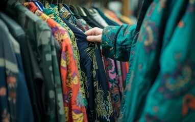 Fototapeta premium A man chooses clothes at a second-hand store. Conservation and care for nature. Reuse and recycling