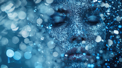 Artistic close-up portrait of a woman covered in sparkling glitter, surrounded by a dreamlike bokeh effect in shades of blue