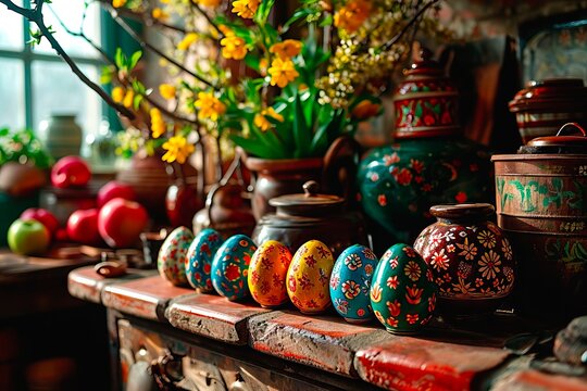 Traditional hand-painting of Easter eggs to celebrate the festive season.