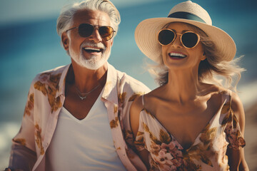 Happy retirees, pensioners. summer vacation holidays beach, ship and sea, cocktails, travel, happy old age, enjoying life. Grandmother and grandfather, grandparents.