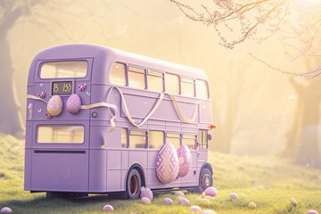 A majestic, double-decker bus, painted in a smooth lavender hue, is set against a softly blurred...