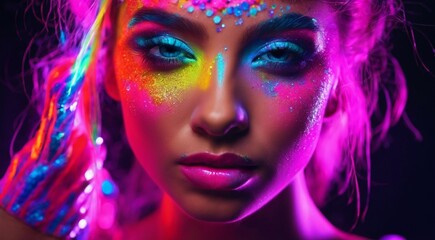 portrait of a woman with creative make up, pretty young woman UV Neon Pigment Makeup Fluorescent colors, dark background, UV makeup