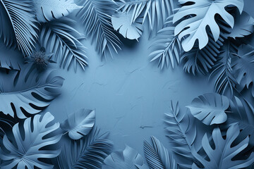 A crafted paper cut design of tropical leaves in cool blue tones, arranged to create a lush,...