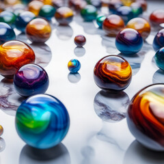 Miniature galaxies, depths of mirrored glass, born from colorful marbles, swirling cosmic secrets.
