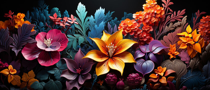 Vibrant 3D floral wallpapers with hyper-detailed illustrations in crimson and azure. Mysterious beauty. Dark cyan and crimson textured flowers, intricate arrangements, 16k resolution