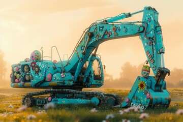 A robust excavator, painted in a unique pastel blue, is set against a softly blurred background of a sprawling, grassy field with wildflowers. The excavator is adorned with playful Easter decorations,