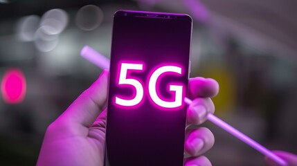 Holographic 5g text icon shining on mobile phone, showcasing advanced technology.