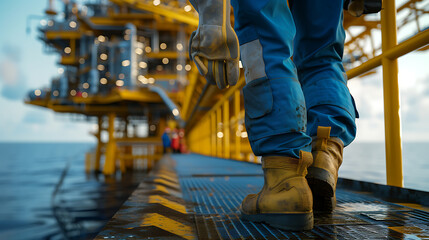 A view from behind a rig worker, with an oil rig in the background on the sea.