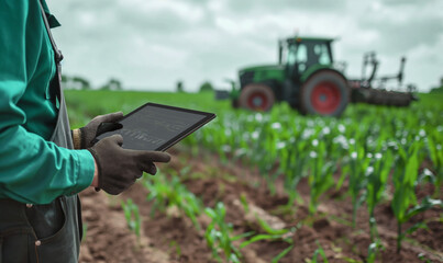 Create a realistic 4K image of a farmer using an OUKITEL RT7 tablet next to a tractor in a farming field
