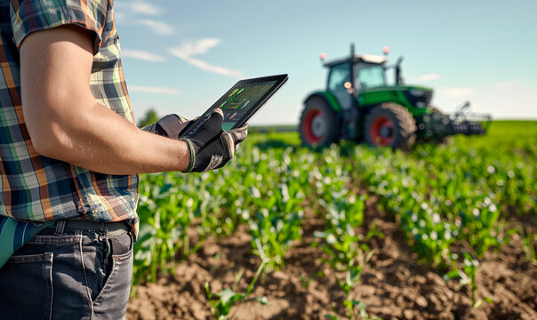 Create a realistic 4K image of a farmer using an OUKITEL RT7 tablet next to a tractor in a farming field