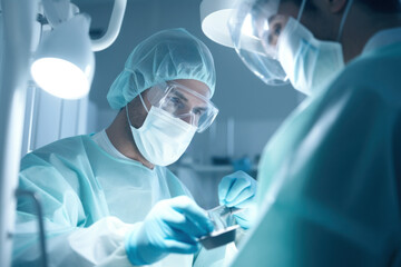 A focused surgeon in scrubs and surgical mask during a medical procedure.Surgeon Performing Operation in Operating Room.  - obrazy, fototapety, plakaty
