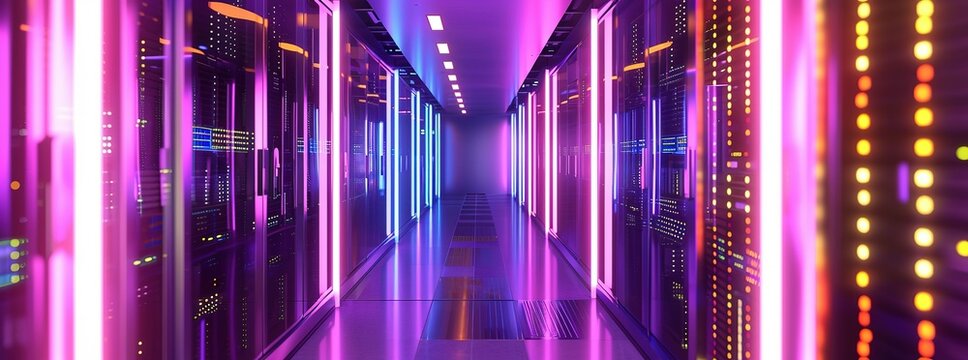 Data center in server room and Data Center Computer Racks In Network Security Server Room, Cloud computing data storage. colorful LED server