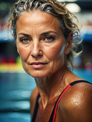 Mujer mayor practicnado natación con la determinación de una nadadora experimentada - obrazy, fototapety, plakaty