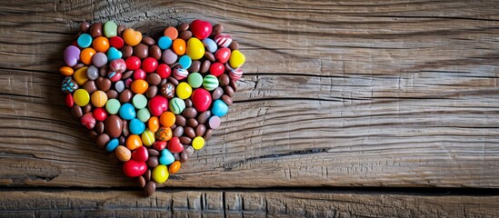 Obraz na płótnie Canvas Heart-shaped candy on a wooden background: Sweet treats in a charming heart-shaped design set against a rustic wooden backdrop.