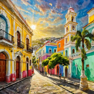 Sunlit Serenity: A Vibrant Journey through Old San Juan, Puerto Rico Painting. El Boricua, Puerto Rique&ntilde;o. Taino.