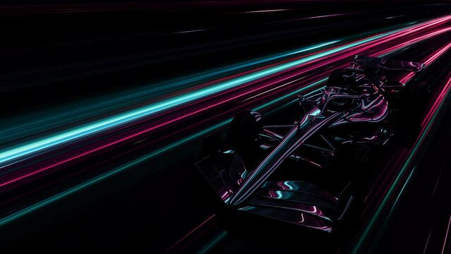 Modern F1 Formula One race car high speed traveling in a futuristic abstract light tunnel, 4k seamless loop