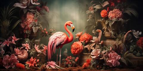 Interior wallpaper. Opulent wallpaper design featuring a flamingo amidst a rich tapestry of florals - obrazy, fototapety, plakaty