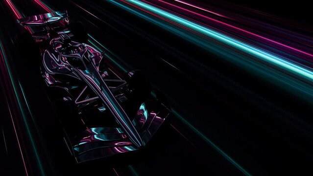 Modern F1 Formula One race car high speed traveling in a futuristic abstract light tunnel, 4k seamless loop