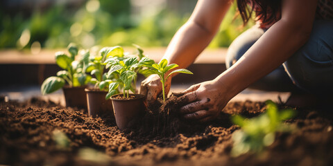 Garden and gardening. Hands planting young seedlings in fertile soil with warm sunlight - obrazy, fototapety, plakaty