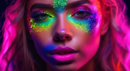 portrait of a woman with creative make up, pretty young woman UV Neon Pigment Makeup Fluorescent colors, dark background, UV makeup