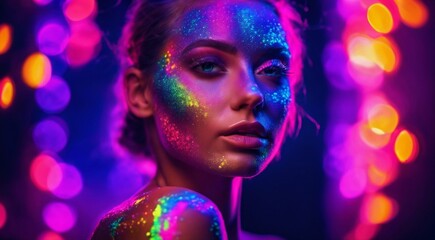 Naklejka na ściany i meble portrait of a woman with creative make up, pretty young woman UV Neon Pigment Makeup Fluorescent colors, dark background, UV makeup
