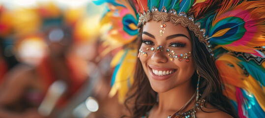 Carnival woman. Gleeful carnival queen with intricate face jewels and a feather headdress