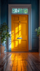 Picture of an elegant yellow door opening on a wooden floor
