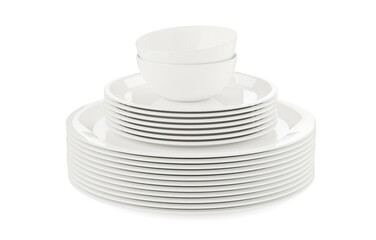 Stack of large empty white porcelain plates with small plates and white bowls on top over white background