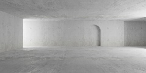 Abstract empty, modern concrete room with rounded recess or niche in the back wall, indirect light and rough floor - industrial interior background template - obrazy, fototapety, plakaty