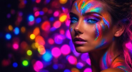 Obraz na płótnie Canvas portrait of a woman with creative make up, pretty young woman UV Neon Pigment Makeup Fluorescent colors, dark background, UV makeup