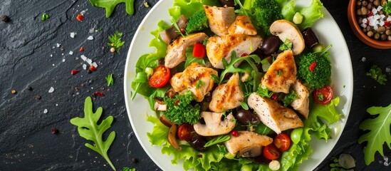 Delicious Chicken Salad Served with Mushrooms, Olives, and More