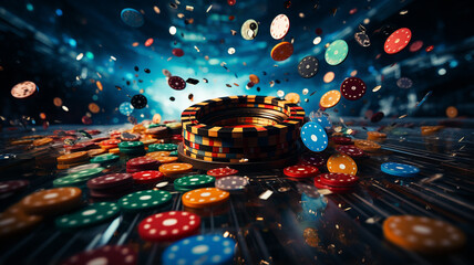 Online casino, online poker. Dice, chips, tokens, roulette, online gambling, azart games. Facility for certain types of gambling. Betting money on games. Bets, winnings, entertainment, recreation.