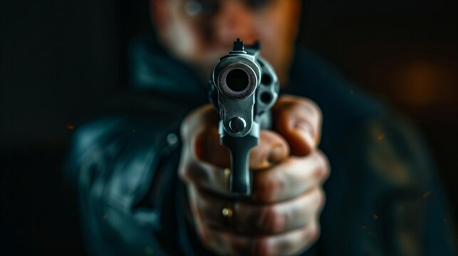 gun in man's hand is pointed at camera