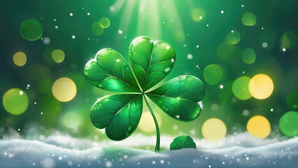 Lucky Irish four-leaf Clover on green bokeh background. St. Patrick's Day banner with copy space.Holiday concept of spring.Generative AI